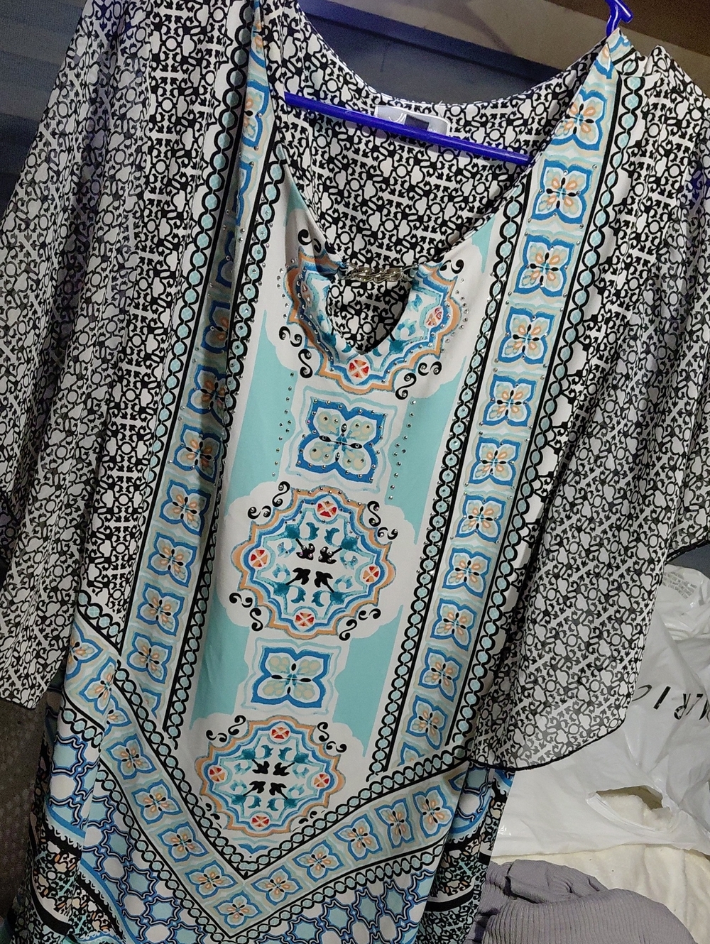 JM Collection Aqua, Black and White Printed V-Neck Tunic